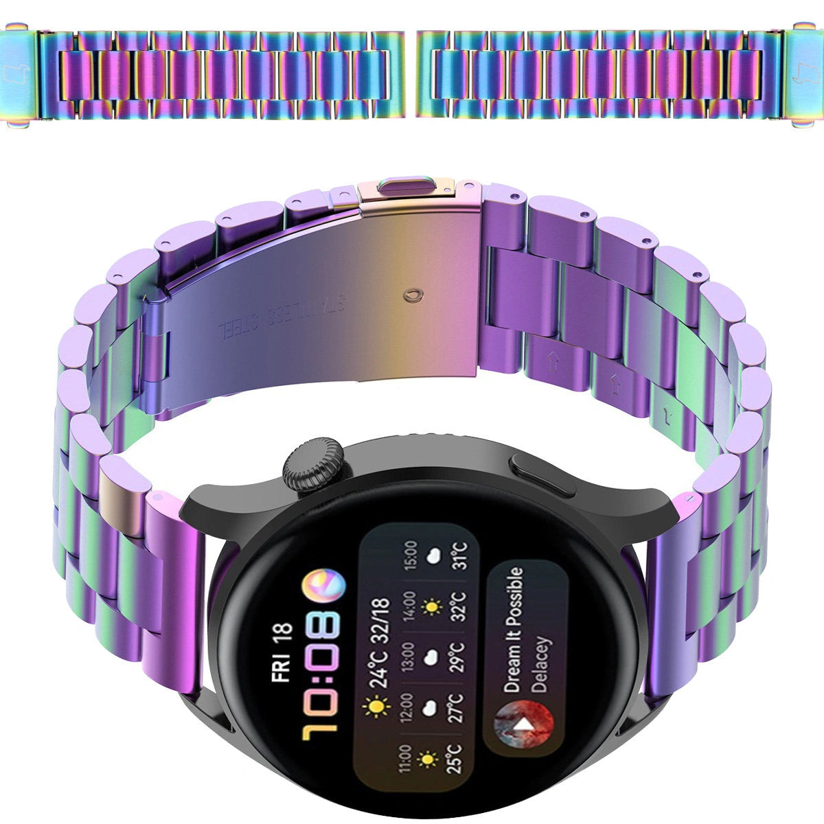 Edelstahl Armband für Smartwatch, Bizon Strap Watch Aura, QuickRelease 20 mm, Regenbogenfarbe