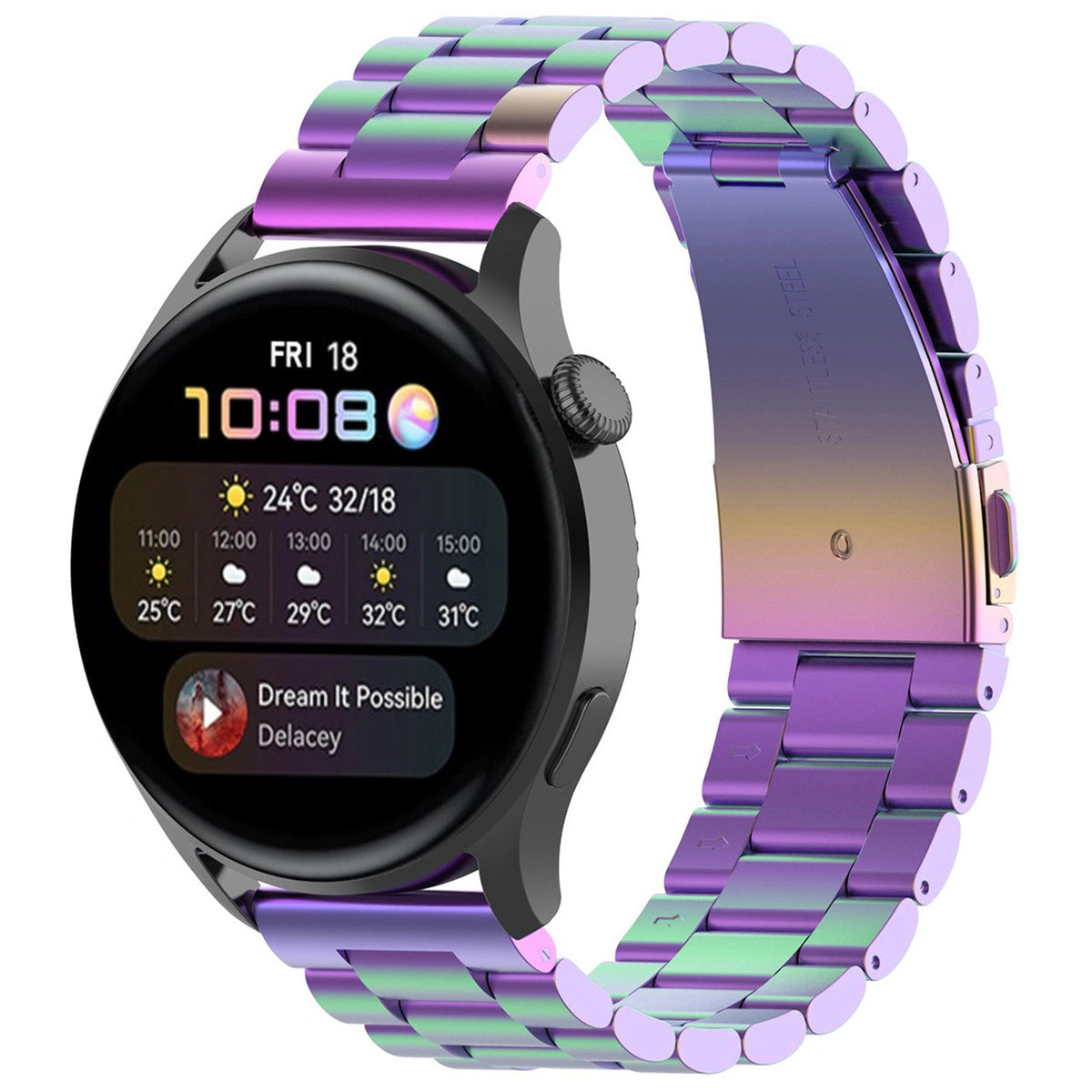 Edelstahl Armband für Smartwatch, Bizon Strap Watch Aura, QuickRelease 20 mm, Regenbogenfarbe