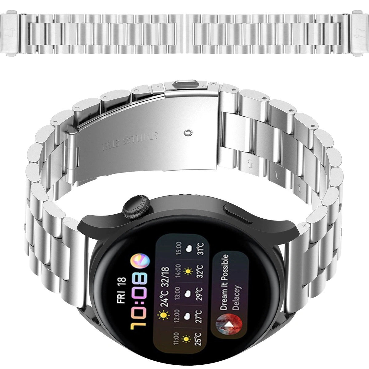 Edelstahl Armband für Smartwatch, Bizon Strap Watch Aura, QuickRelease 20 mm, Silbern