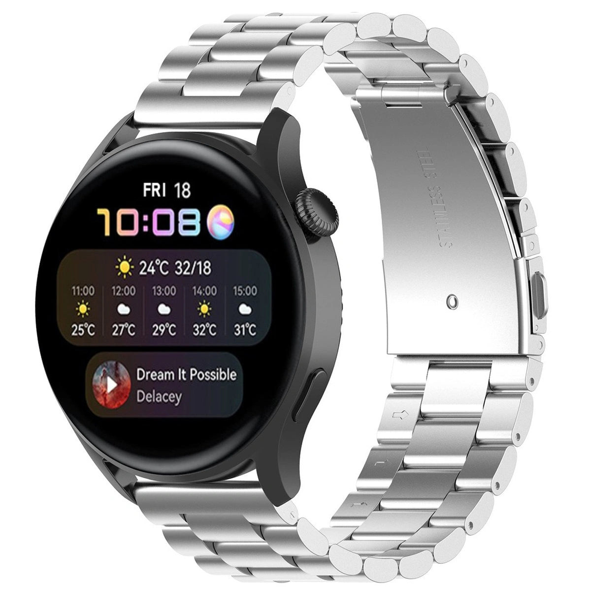 Edelstahl Armband für Smartwatch, Bizon Strap Watch Aura, QuickRelease 20 mm, Silbern