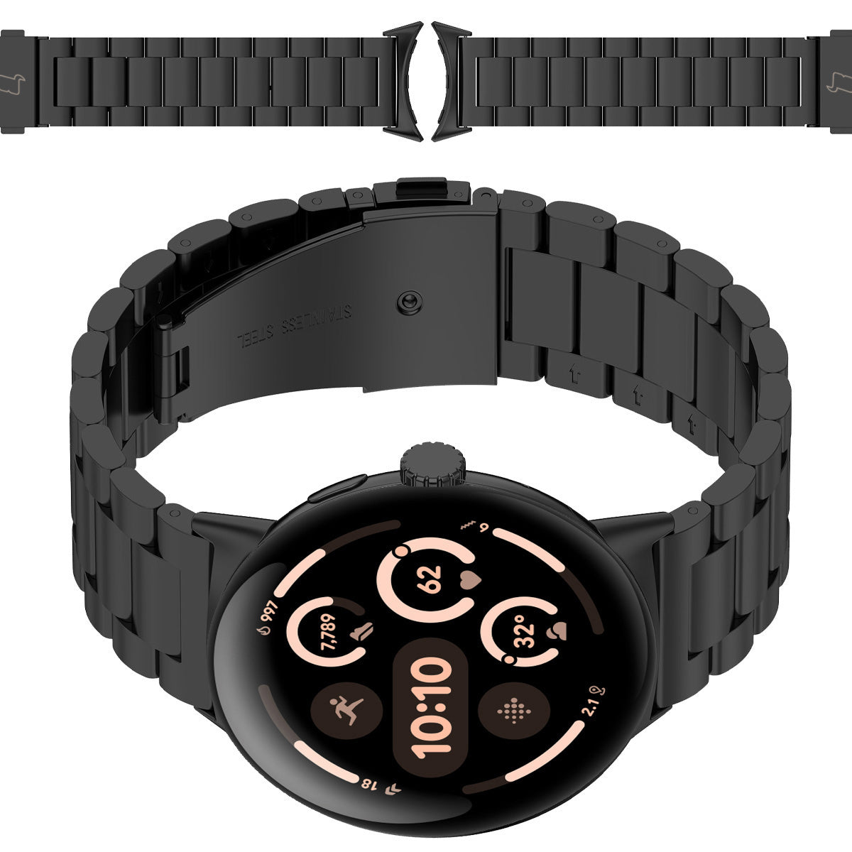Edelstahl Armband für Google Pixel Watch 3 / 2 / 1 41 mm, Bizon Strap Watch Aura, Schwarz