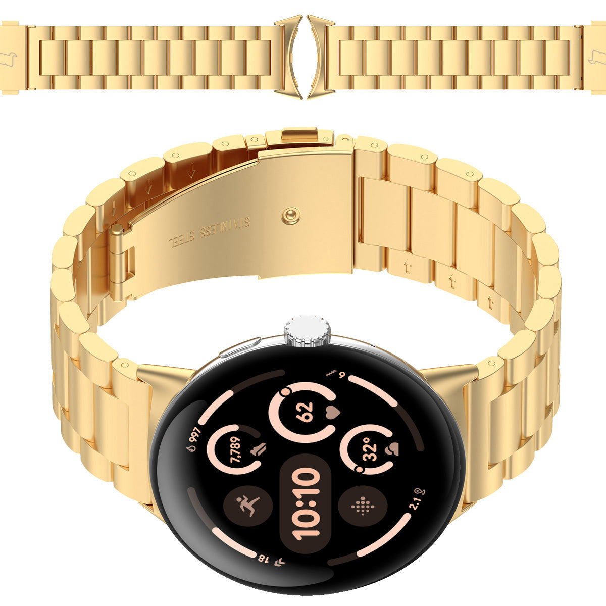 Edelstahl Armband für Google Pixel Watch 3 / 2 / 1 41 mm, Bizon Strap Watch Aura, Gold