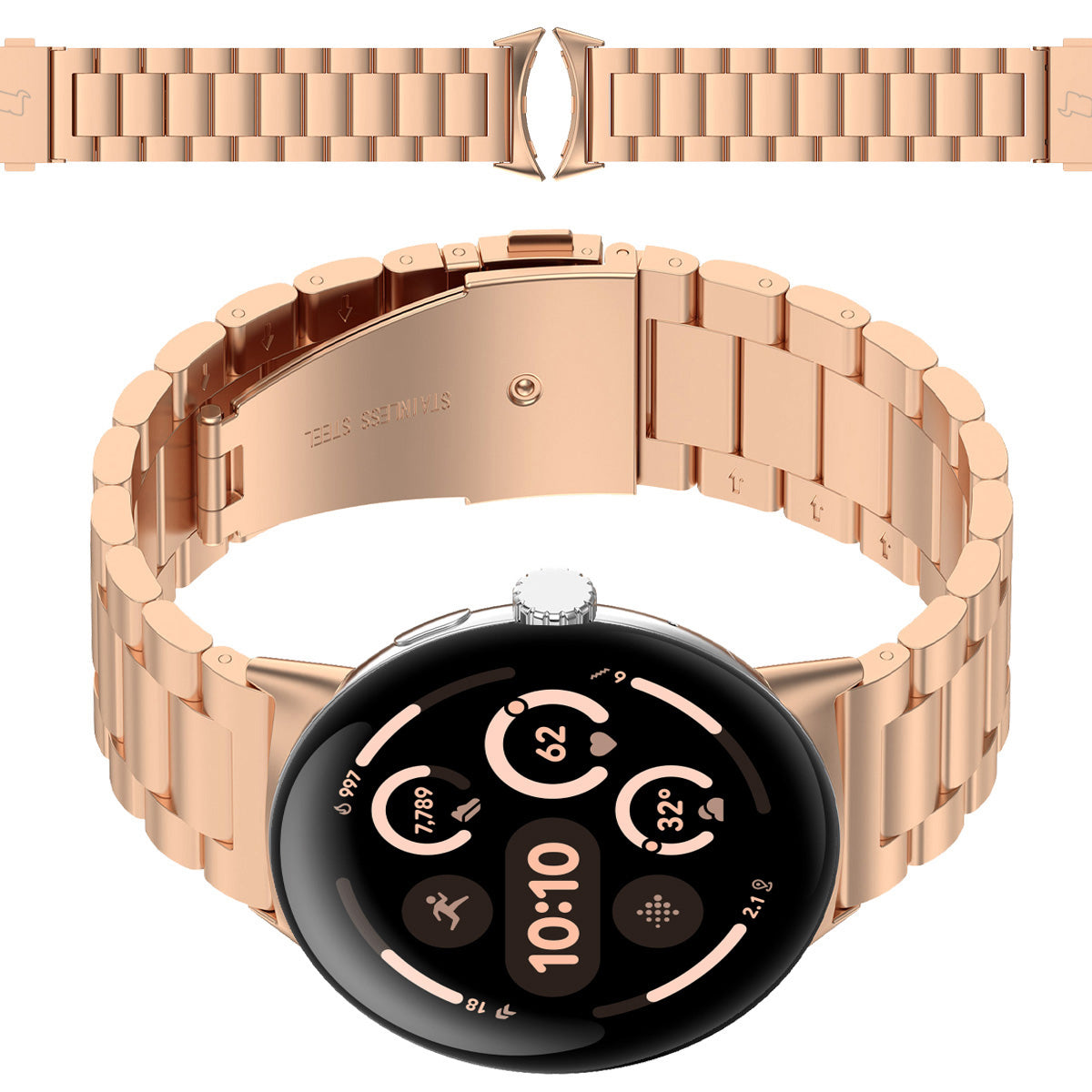 Edelstahl Armband für Google Pixel Watch 3 / 2 / 1 41 mm, Bizon Strap Watch Aura, Rosa Gold
