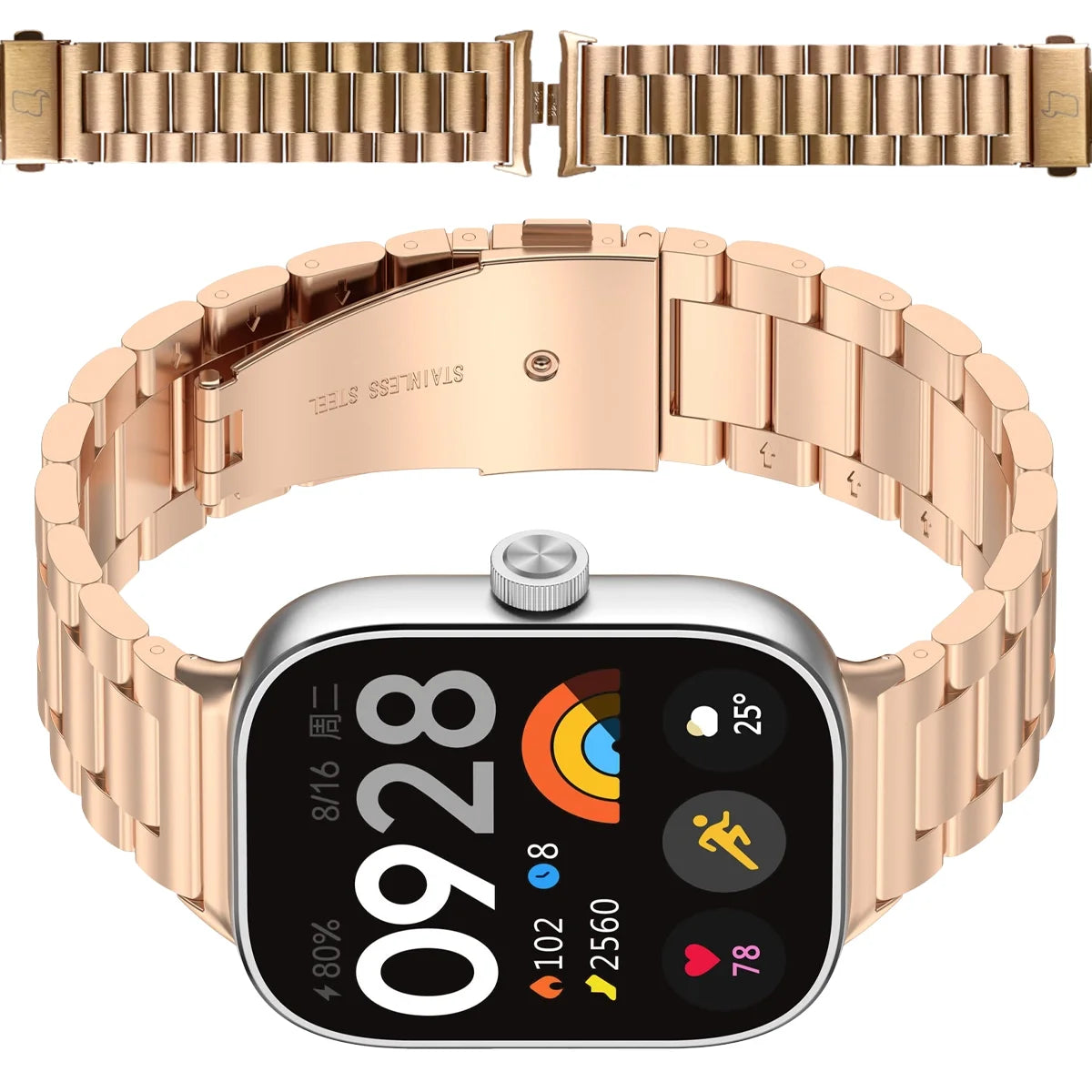 Edelstahl Armband für Xiaomi Redmi Watch 6 / 5 / 4 / Smart Band 10 Pro / 9 Pro / 8 Pro,, Bizon Strap Watch Aura, Rosa Gold