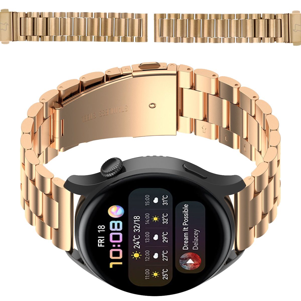 Edelstahl Armband für Smartwatch, Bizon Strap Watch Aura, QuickRelease 18 mm, Rosegold