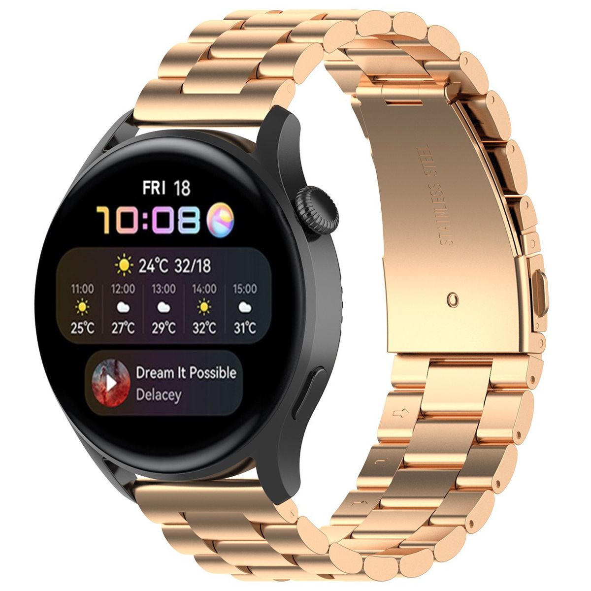 Edelstahl Armband für Smartwatch, Bizon Strap Watch Aura, QuickRelease 18 mm, Rosegold