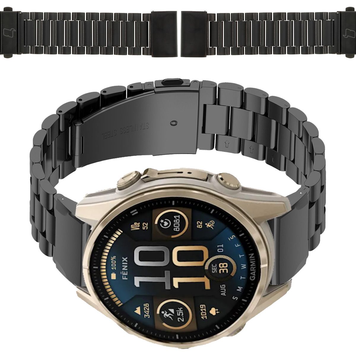Edelstahl Armband für Smartwatch, Bizon Strap Watch Aura, QuickFit 20 mm, Schwarz