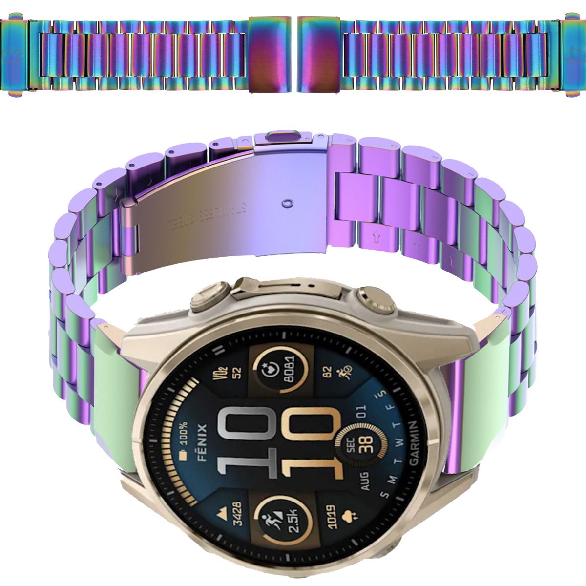 Edelstahl Armband für Smartwatch, Bizon Strap Watch Aura, QuickFit 20 mm, Regenbogenfarbe