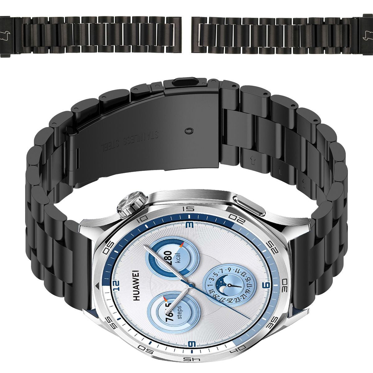 Edelstahl Armband für Smartwatch, Bizon Strap Watch Aura, QuickRelease 22 mm, Schwarz