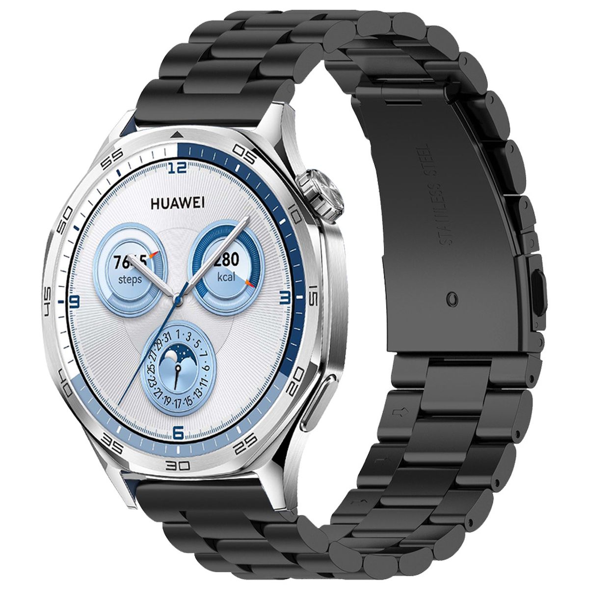 Edelstahl Armband für Smartwatch, Bizon Strap Watch Aura, QuickRelease 22 mm, Schwarz