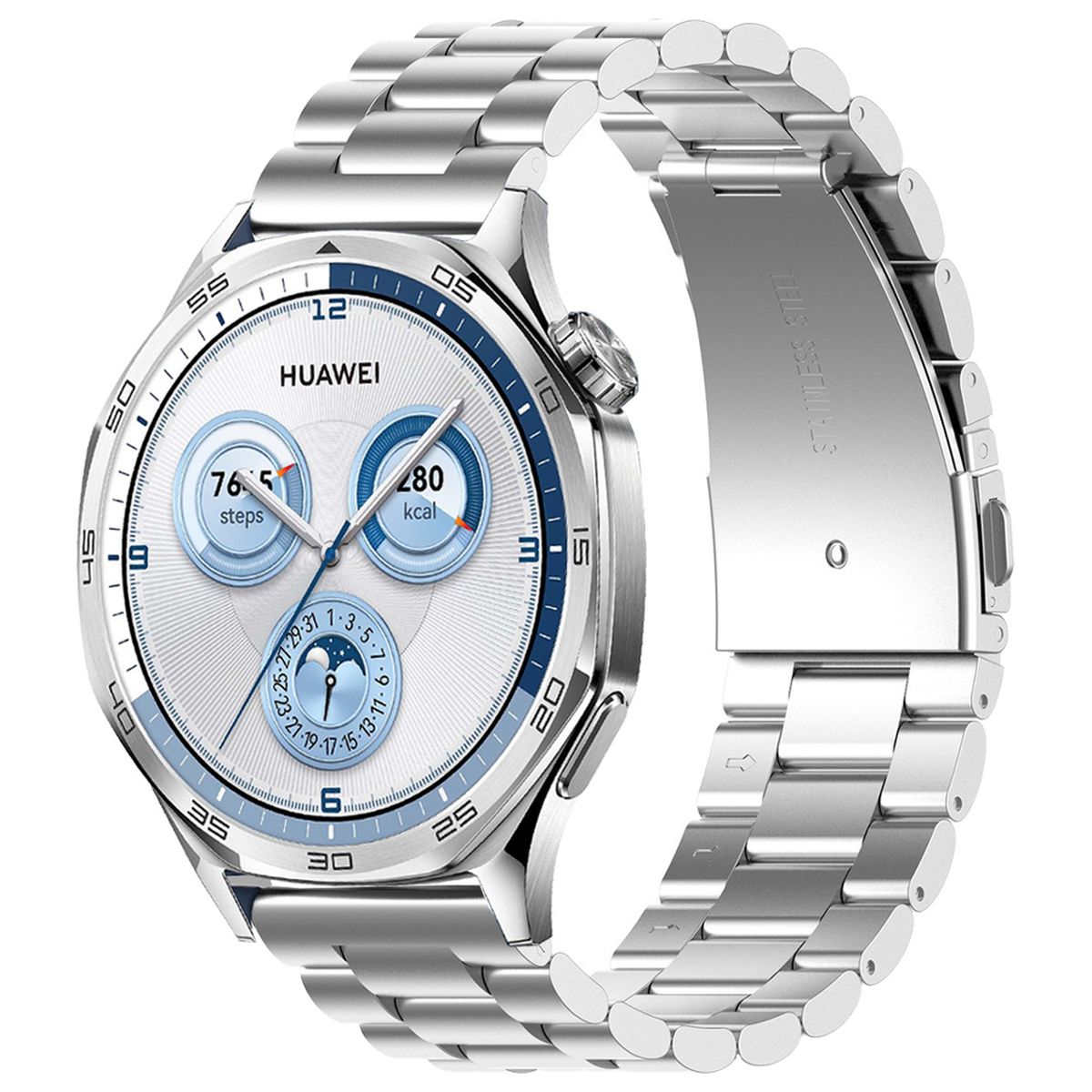 Edelstahl Armband für Smartwatch, Bizon Strap Watch Aura, QuickRelease 22 mm, Silbern