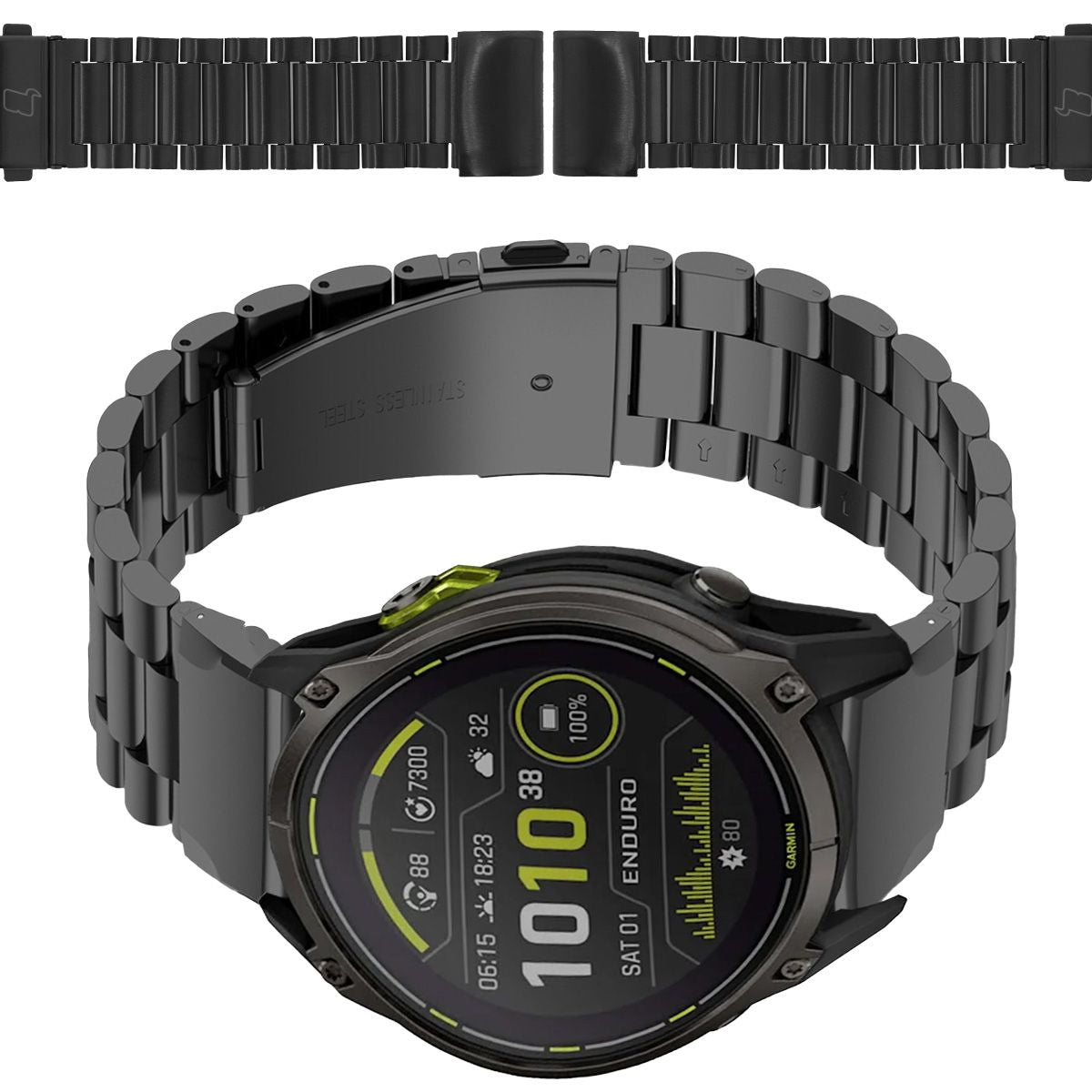 Edelstahl Armband Bizon Strap für 26 mm Smartwatch in Schwarz, elegantes und robustes Design.