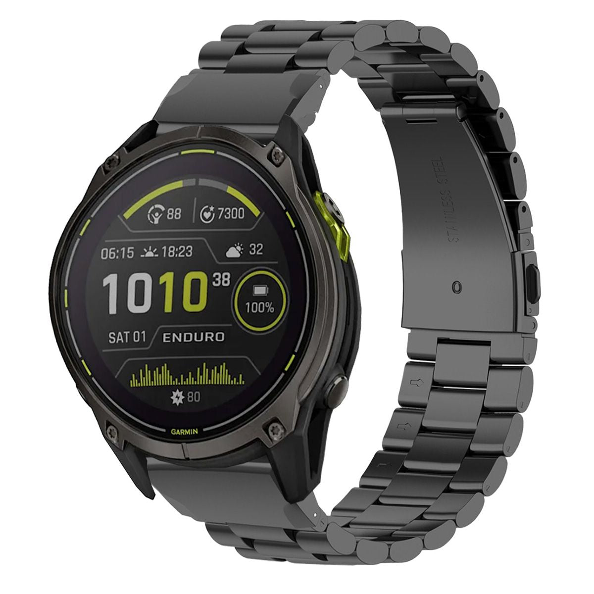 Bizon Strap Watch Aura Edelstahlarmband für 26 mm Smartwatch in Schwarz mit QuickFit System.