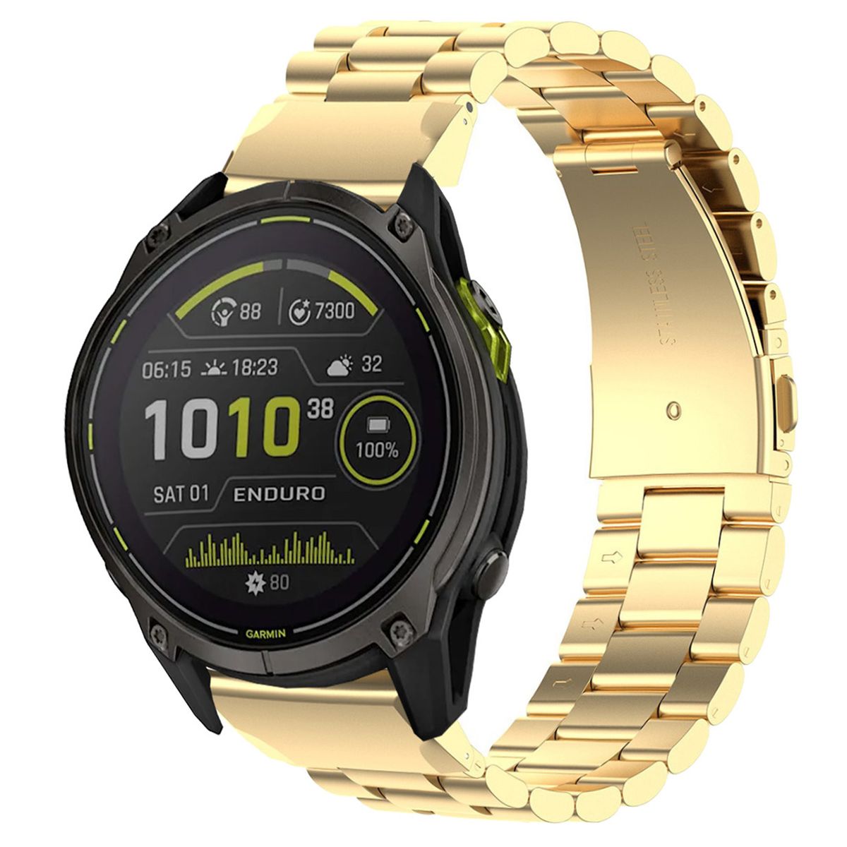 Gold stainless steel band for 26mm smartwatch, compatible with QuickFit system, featuring Garmin Enduro model.