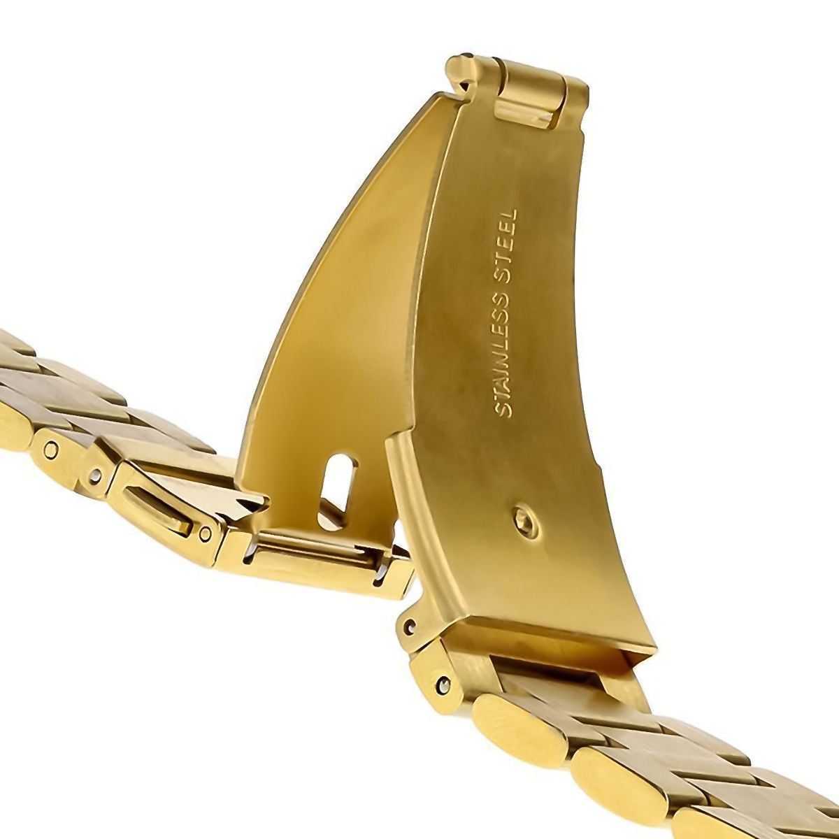 Detailaufnahme des goldenen Edelstahlarmbands für Smartwatches mit QuickFit-System.