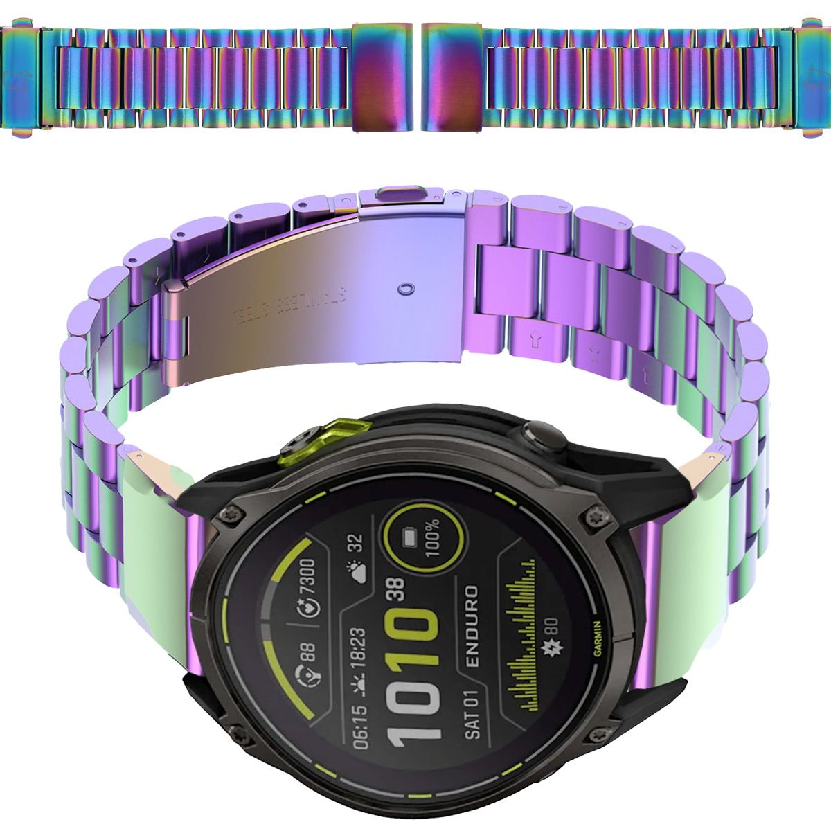 Edelstahl Armband für Smartwatch, Bizon Strap Watch Aura, 26 mm, Regenbogen mit QuickFit-System.