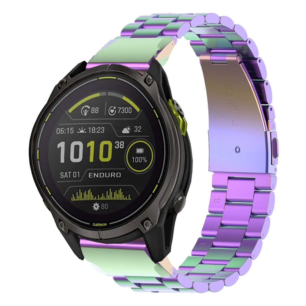 Edelstahl Armband für Smartwatch, Bizon Strap Watch Aura, 26mm, in Regenbogenfarben für Eleganz und Haltbarkeit.