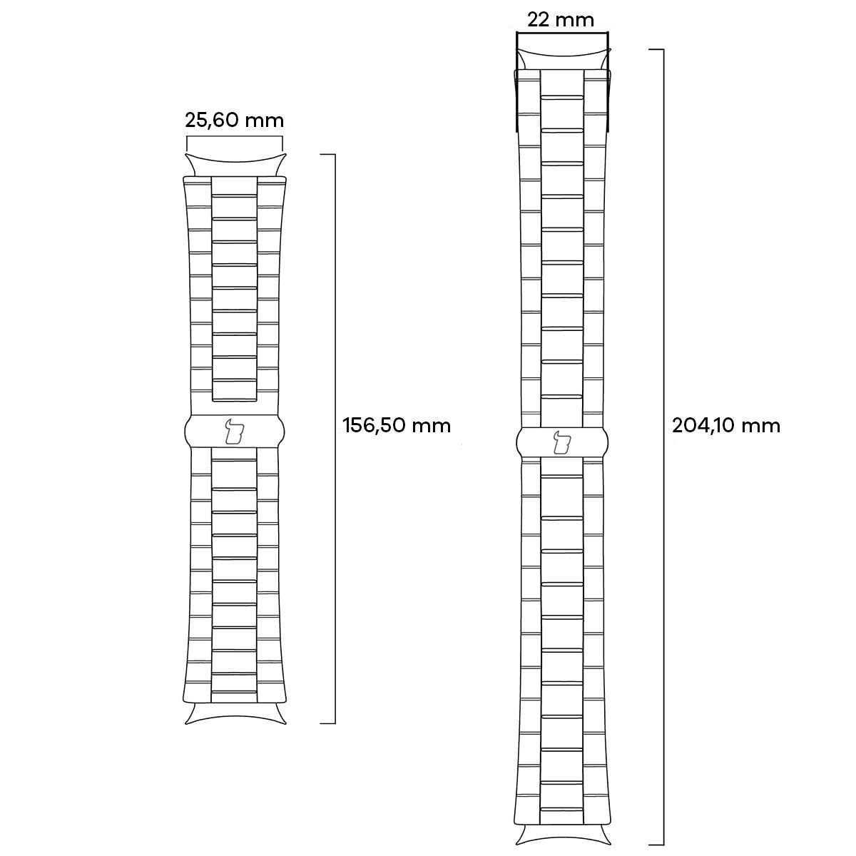 Maßzeichnung des Edelstahlarmbands mit Abmessungen für Smartwatch: 25,60 mm und 22 mm Breite.