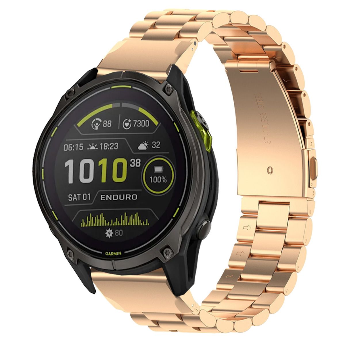 Edelstahl Armband in Rosa Gold für Smartwatch, kompatibel mit Quick-Release System, elegante Uhr mit Garmin Anzeige.