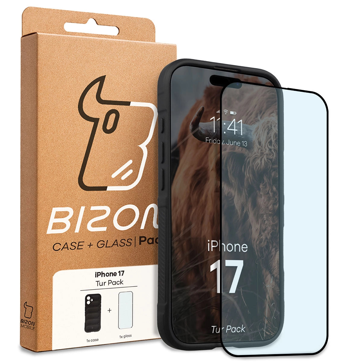 Robuste Handyhülle + gehärtetem Glas für iPhone 17, Bizon Tur Pack, Schwarz