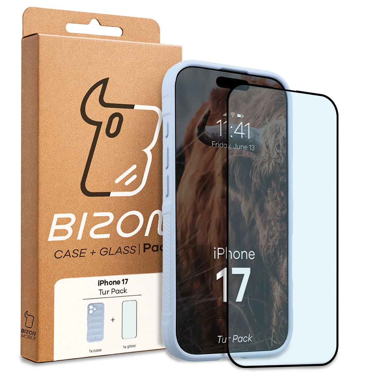 Robuste Handyhülle + gehärtetem Glas für iPhone 17, Bizon Tur Pack, Hellblau