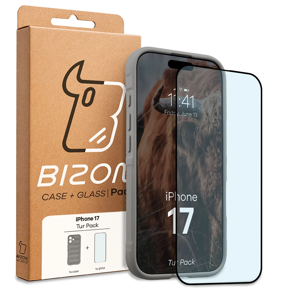 Robuste Handyhülle + gehärtetem Glas für iPhone 17, Bizon Tur Pack, Hellgrau