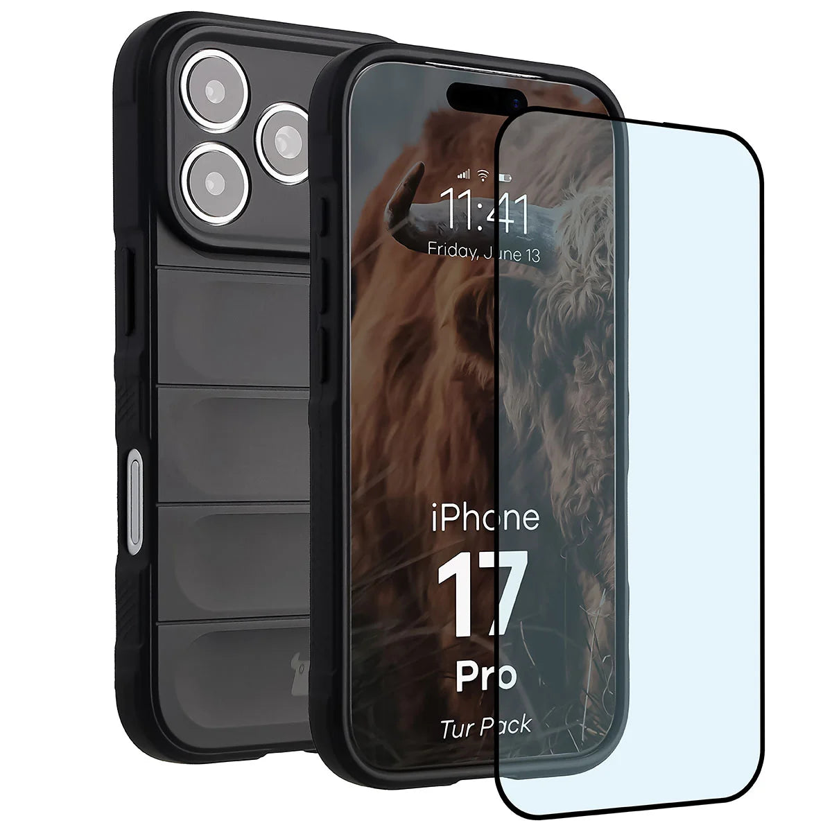 Robuste Handyhülle + gehärtetem Glas für iPhone 17 Pro, Bizon Tur Pack, Schwarz