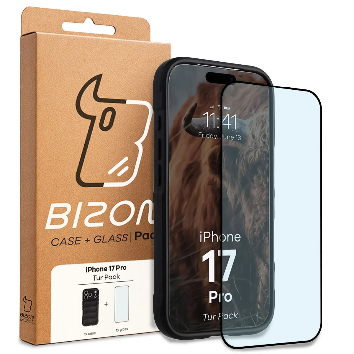 Robuste Handyhülle + gehärtetem Glas für iPhone 17 Pro, Bizon Tur Pack, Schwarz