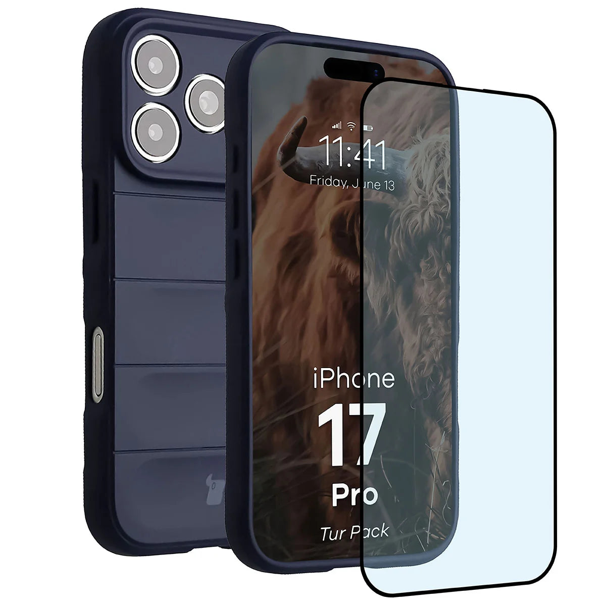 Robuste Handyhülle + gehärtetem Glas für iPhone 17 Pro, Bizon Tur Pack, Dunkelblau