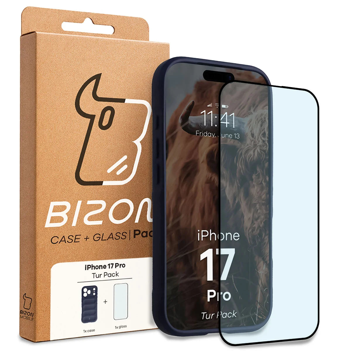 Robuste Handyhülle + gehärtetem Glas für iPhone 17 Pro, Bizon Tur Pack, Dunkelblau