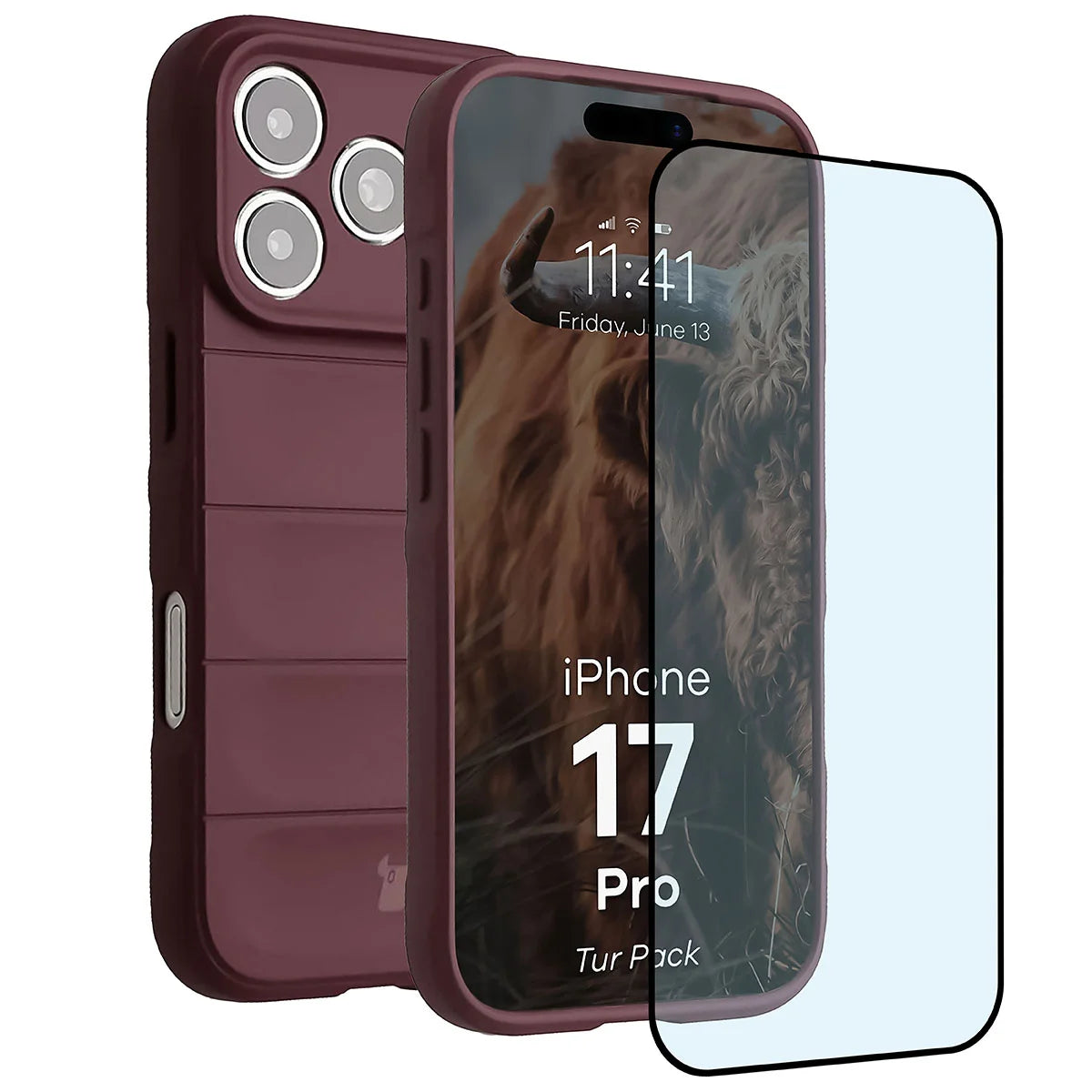 Robuste Handyhülle + gehärtetem Glas für iPhone 17 Pro, Bizon Tur Pack, Burgunderrot