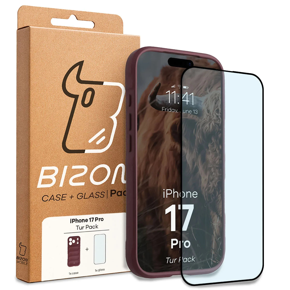 Robuste Handyhülle + gehärtetem Glas für iPhone 17 Pro, Bizon Tur Pack, Burgunderrot