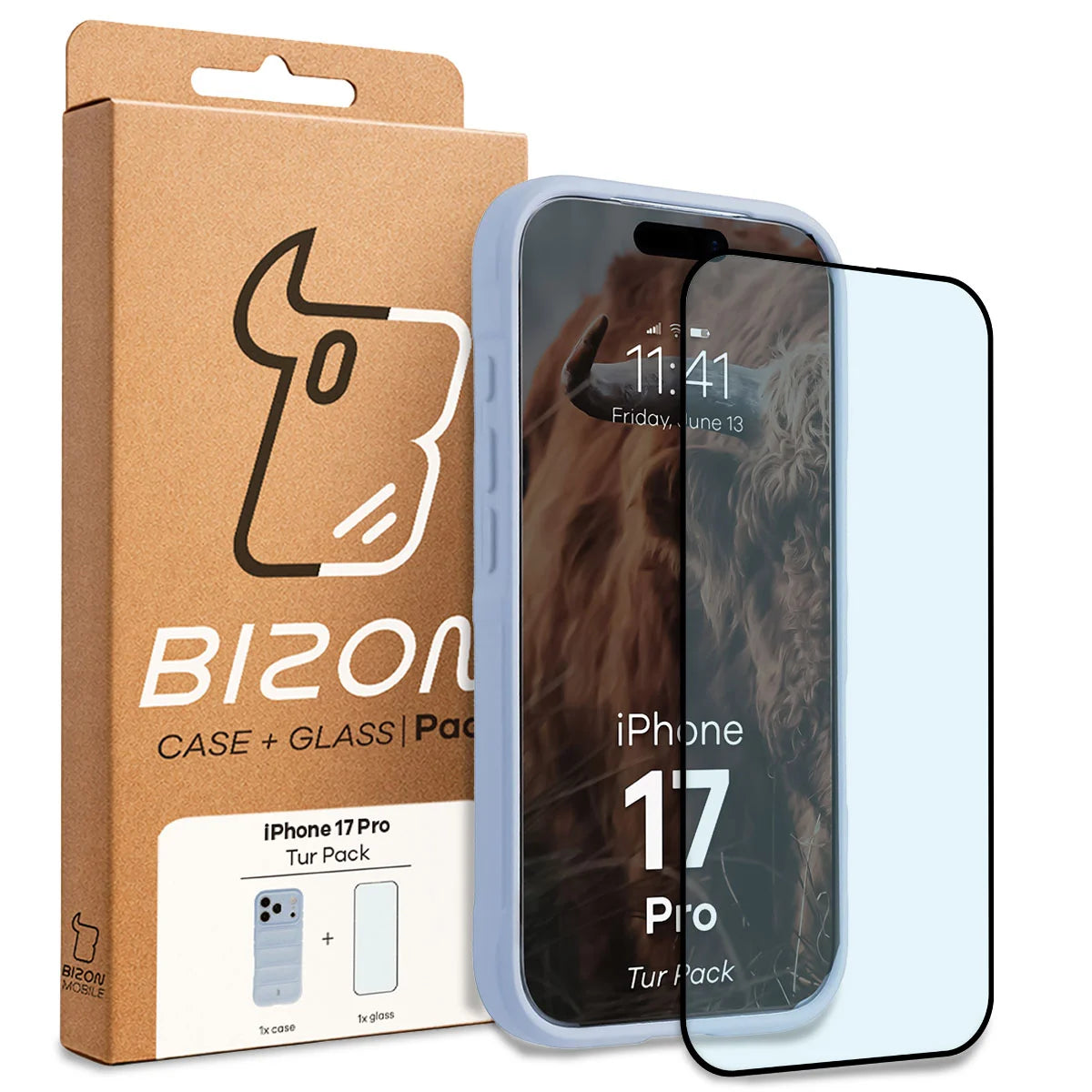 Robuste Handyhülle + gehärtetem Glas für iPhone 17 Pro, Bizon Tur Pack, Hellblau