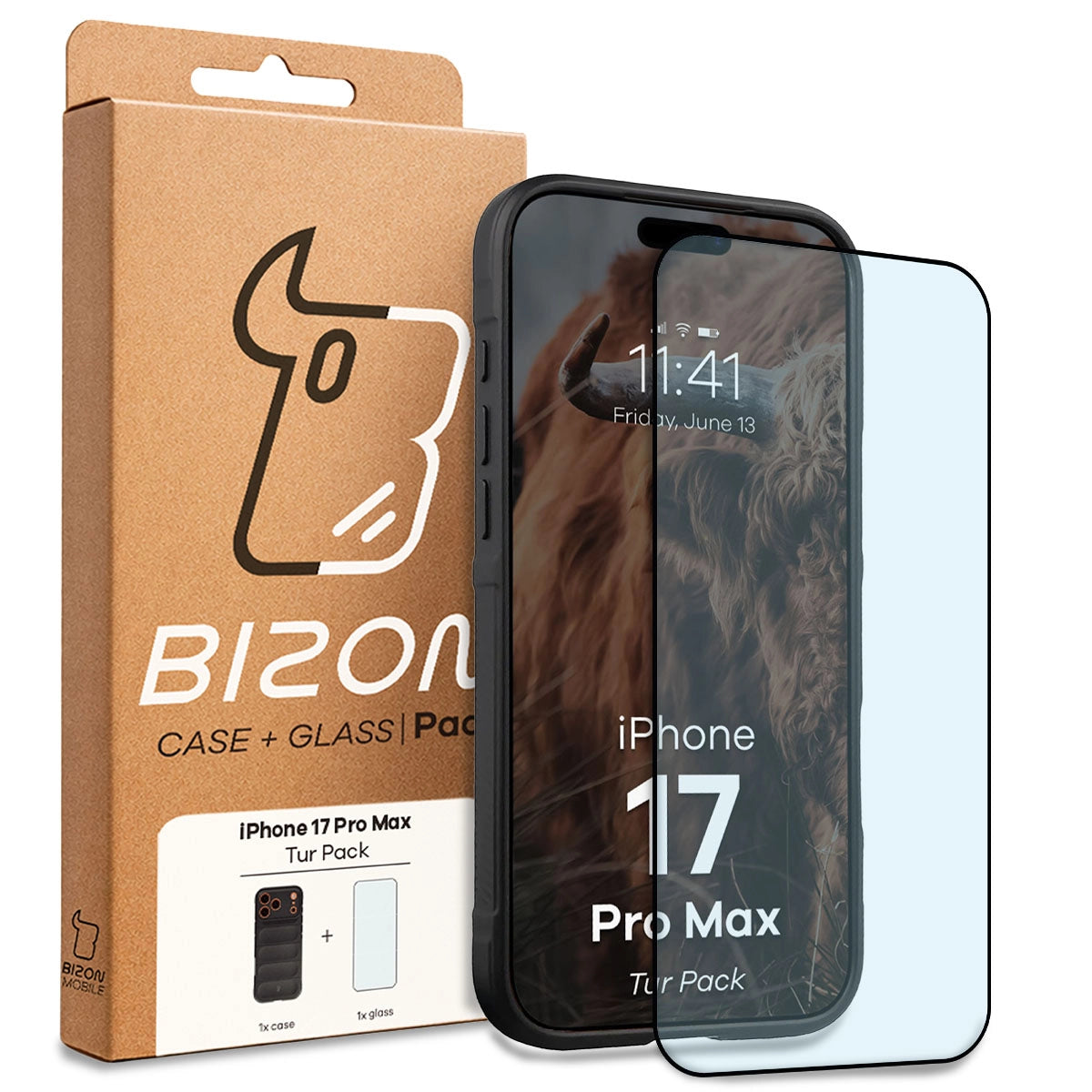 Robuste Handyhülle + gehärtetem Glas für iPhone 17 Pro Max, Bizon Tur Pack, Schwarz