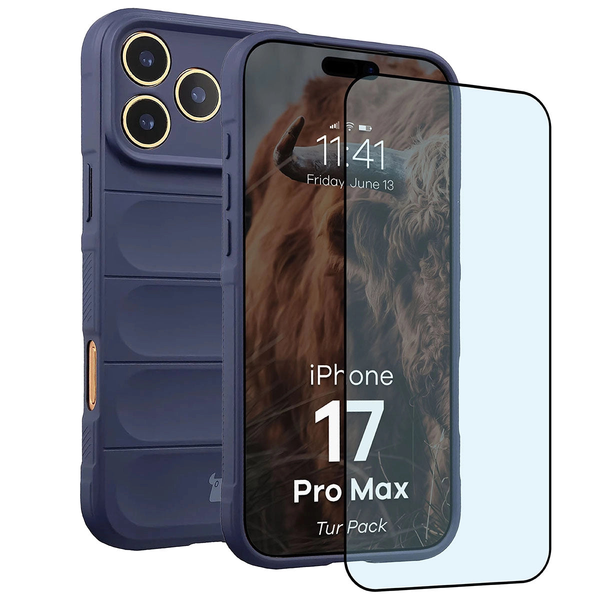 Robuste Handyhülle + gehärtetem Glas für iPhone 17 Pro Max, Bizon Tur Pack, Dunkelblau