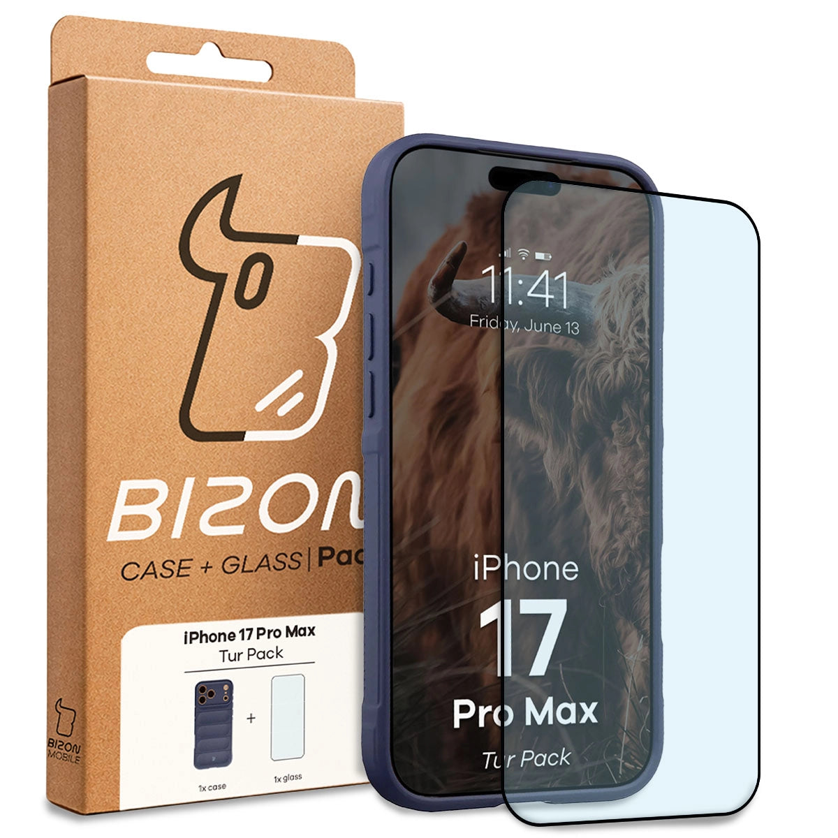 Robuste Handyhülle + gehärtetem Glas für iPhone 17 Pro Max, Bizon Tur Pack, Dunkelblau