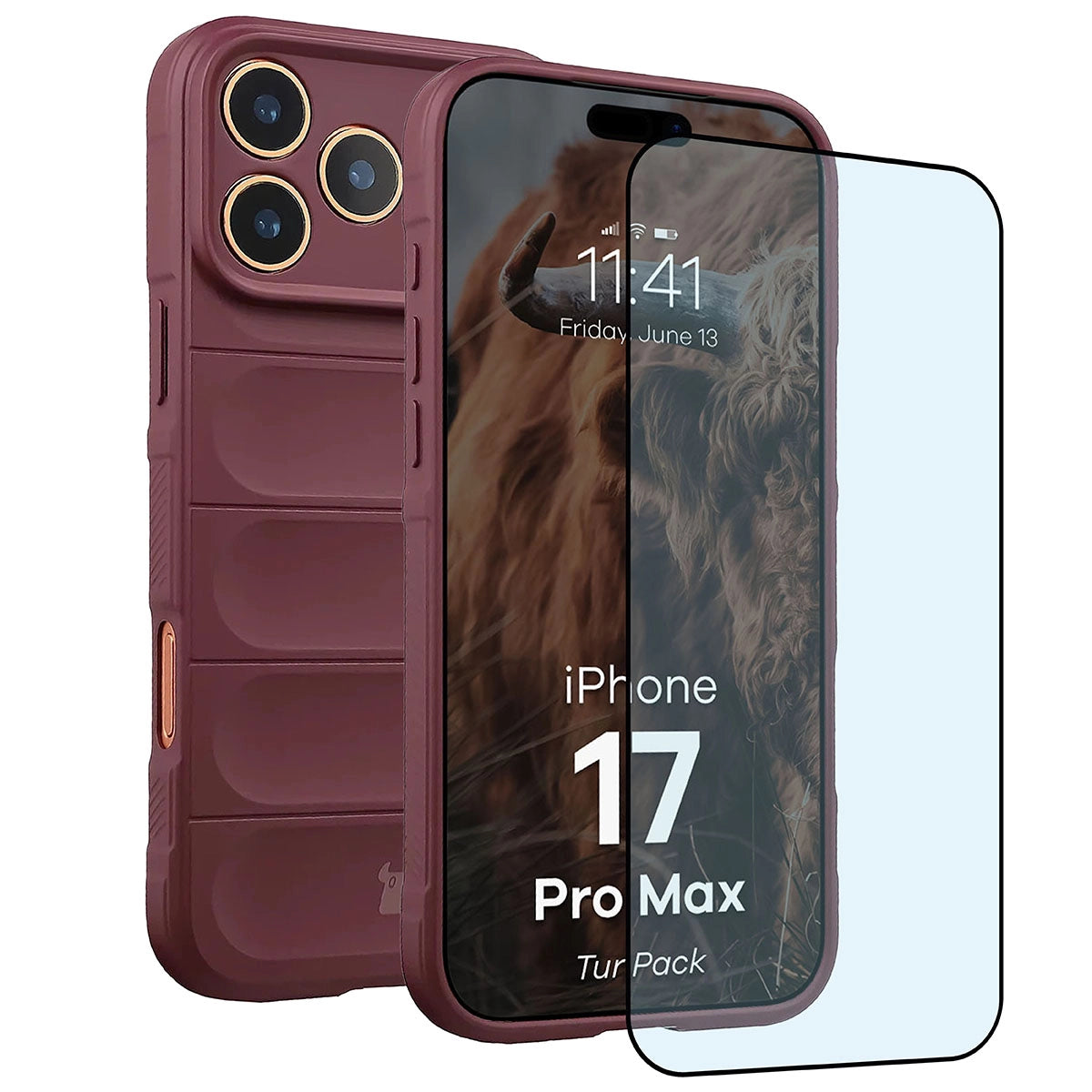 Robuste Handyhülle + gehärtetem Glas für iPhone 17 Pro Max, Bizon Tur Pack, Burgunderrot