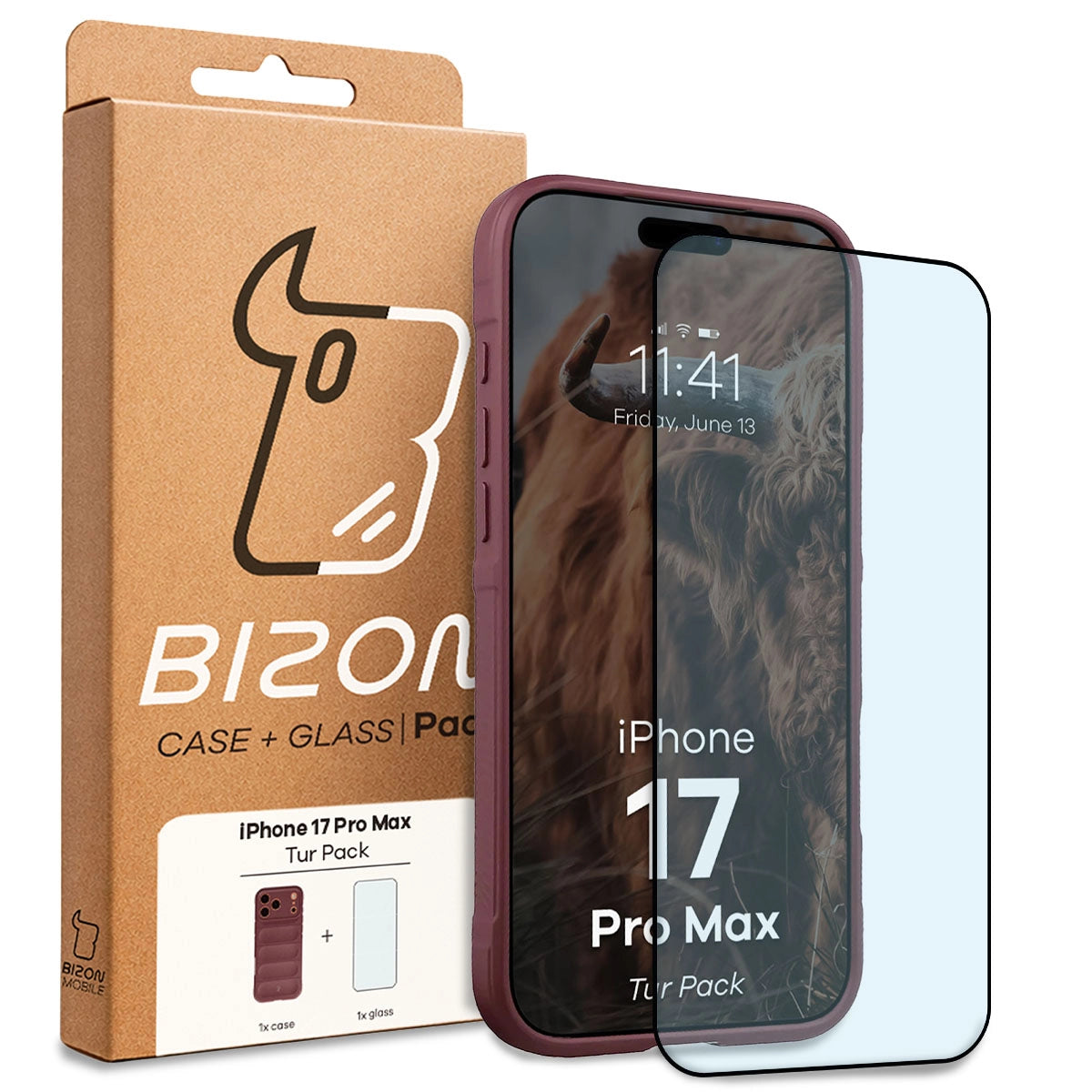 Robuste Handyhülle + gehärtetem Glas für iPhone 17 Pro Max, Bizon Tur Pack, Burgunderrot