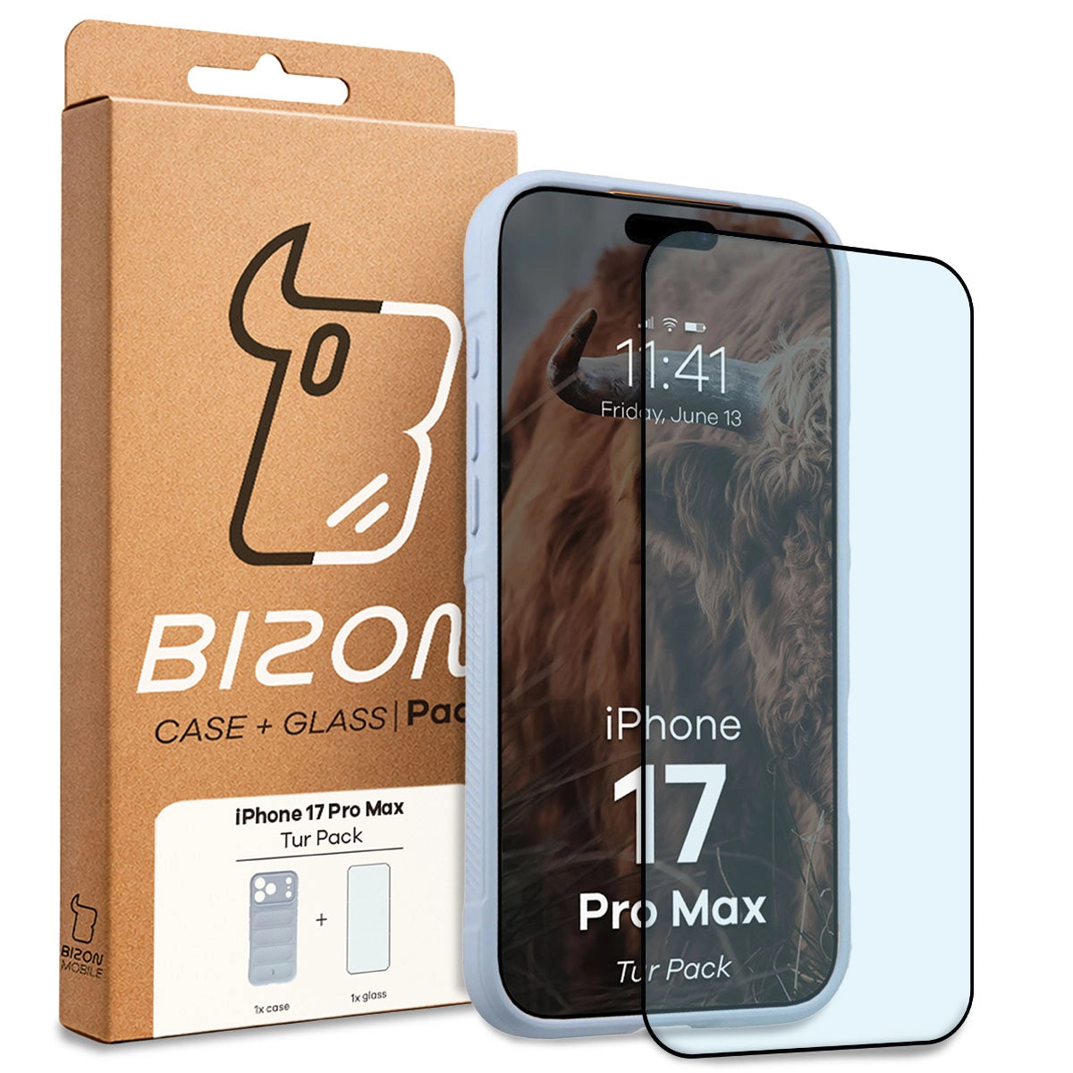 Robuste Handyhülle + gehärtetem Glas für iPhone 17 Pro Max, Bizon Tur Pack, Hellblau