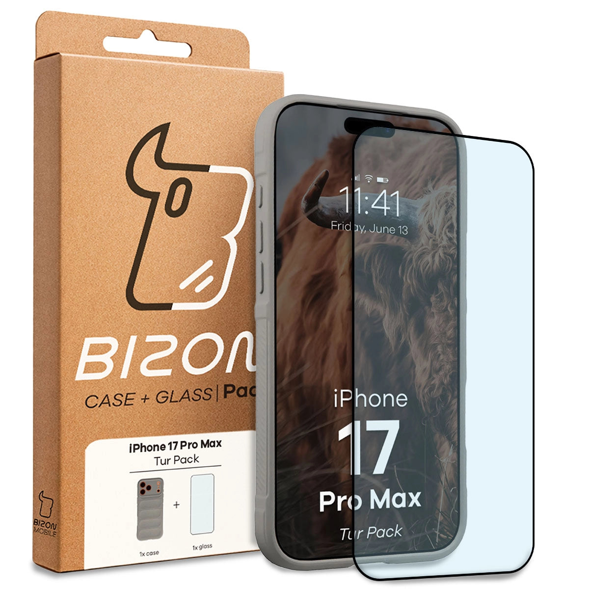 Robuste Handyhülle + gehärtetem Glas für iPhone 17 Pro Max, Bizon Tur Pack, Hellgrau