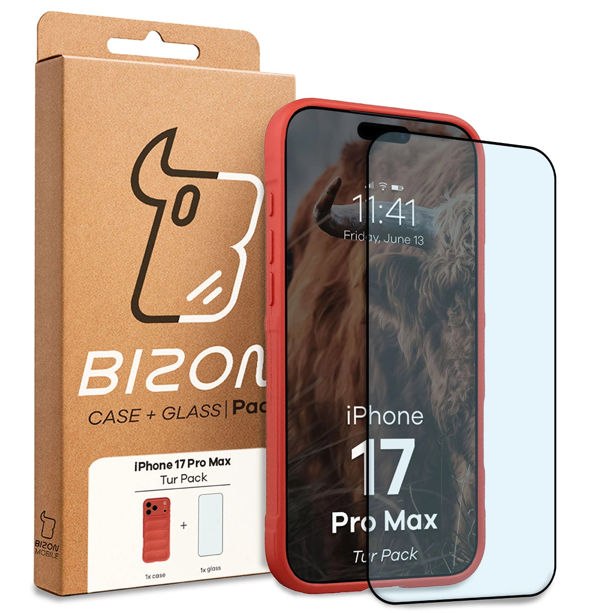 Robuste Handyhülle + gehärtetem Glas für iPhone 17 Pro Max, Bizon Tur Pack, Rot