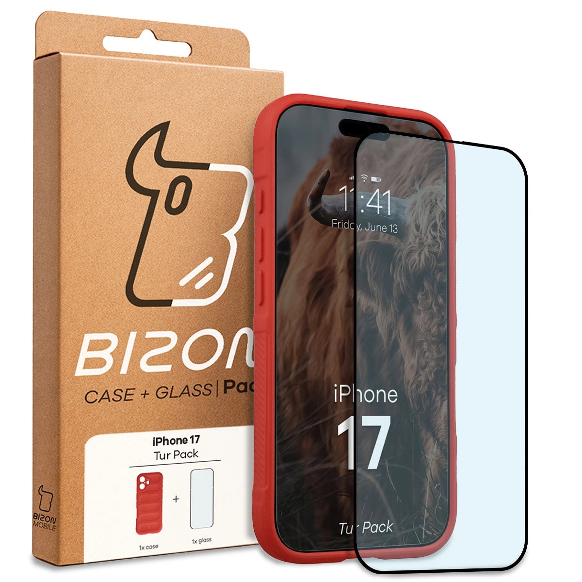 Robuste Handyhülle + gehärtetem Glas für iPhone 17, Bizon Tur Pack, Rot
