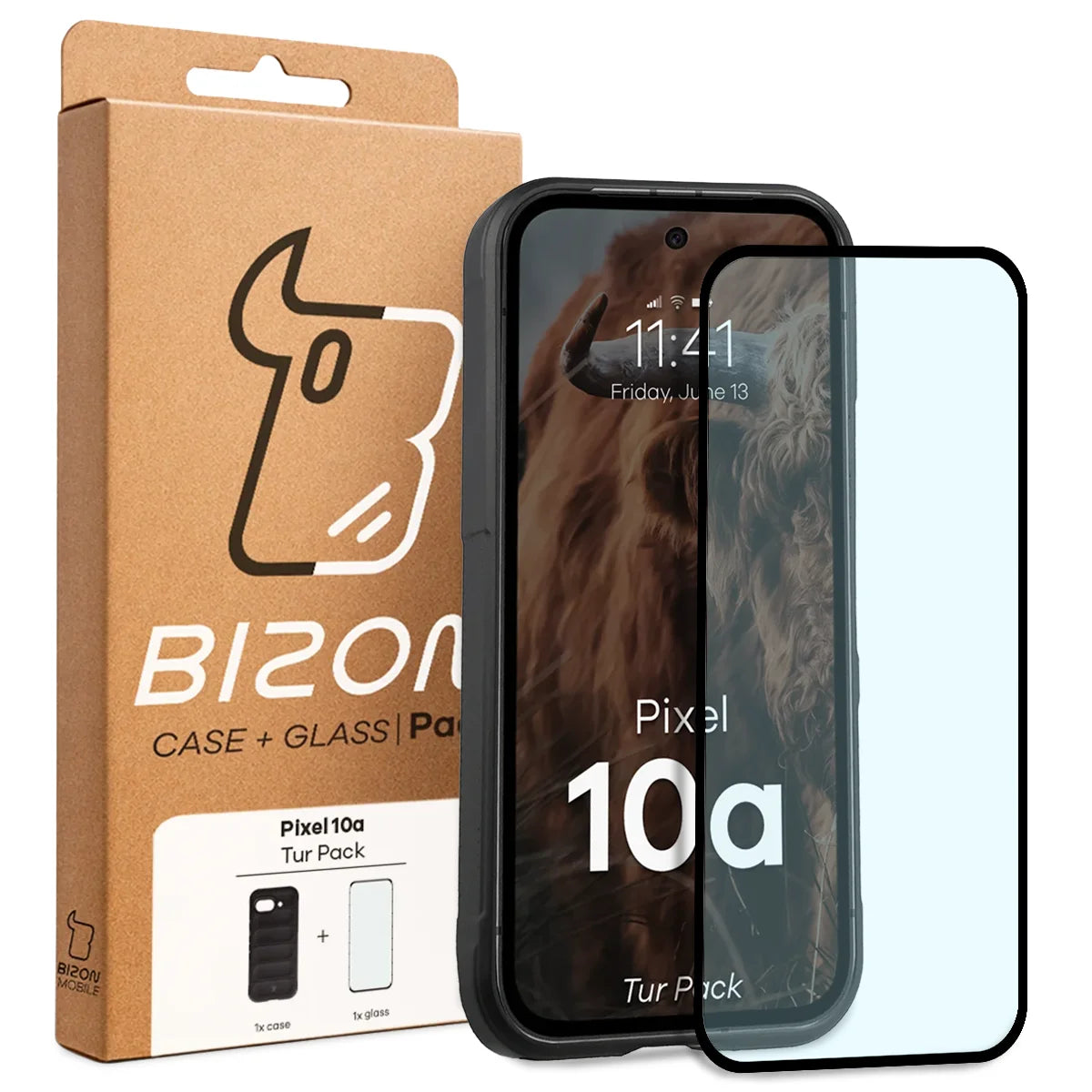 Robuste Handyhülle + gehärtetem Glas für Google Pixel 10a, Bizon Tur Pack, Schwarz