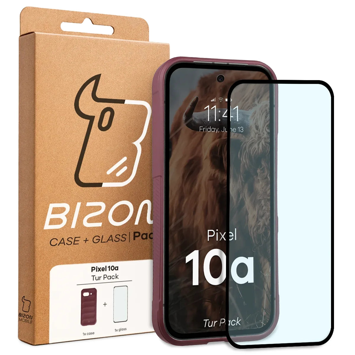 Robuste Handyhülle + gehärtetem Glas für Google Pixel 10a, Bizon Tur Pack, Burgunderrot