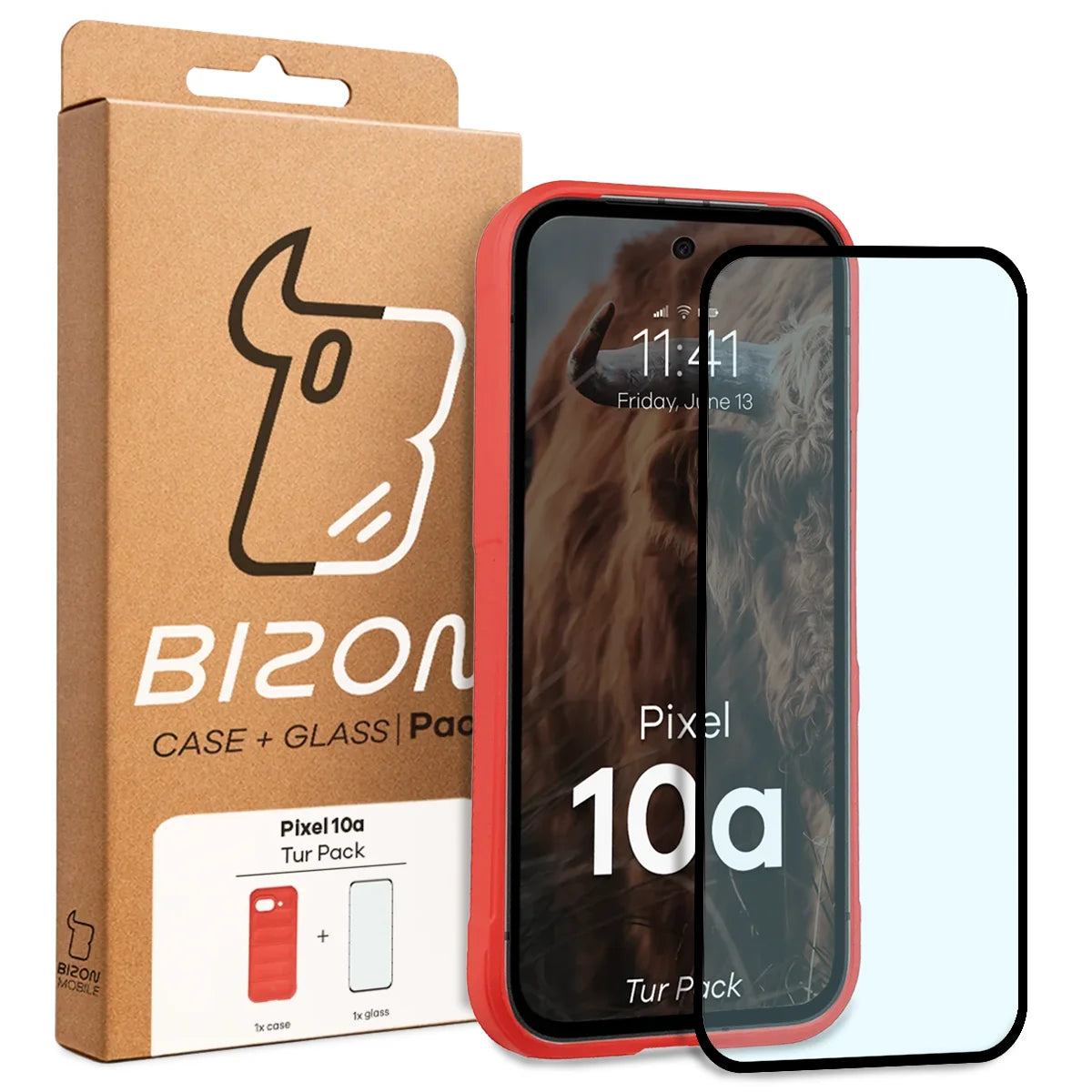 Robuste Handyhülle + gehärtetem Glas für Google Pixel 10a, Bizon Tur Pack, Rot