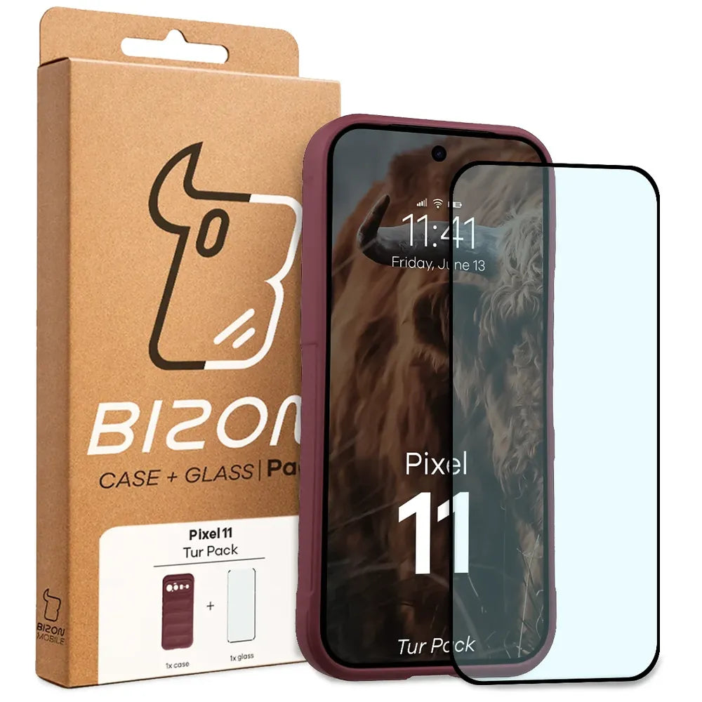 Robuste Handyhülle + gehärtetem Glas für Google Pixel 11, Bizon Tur Pack, Burgunderrot (10/10)