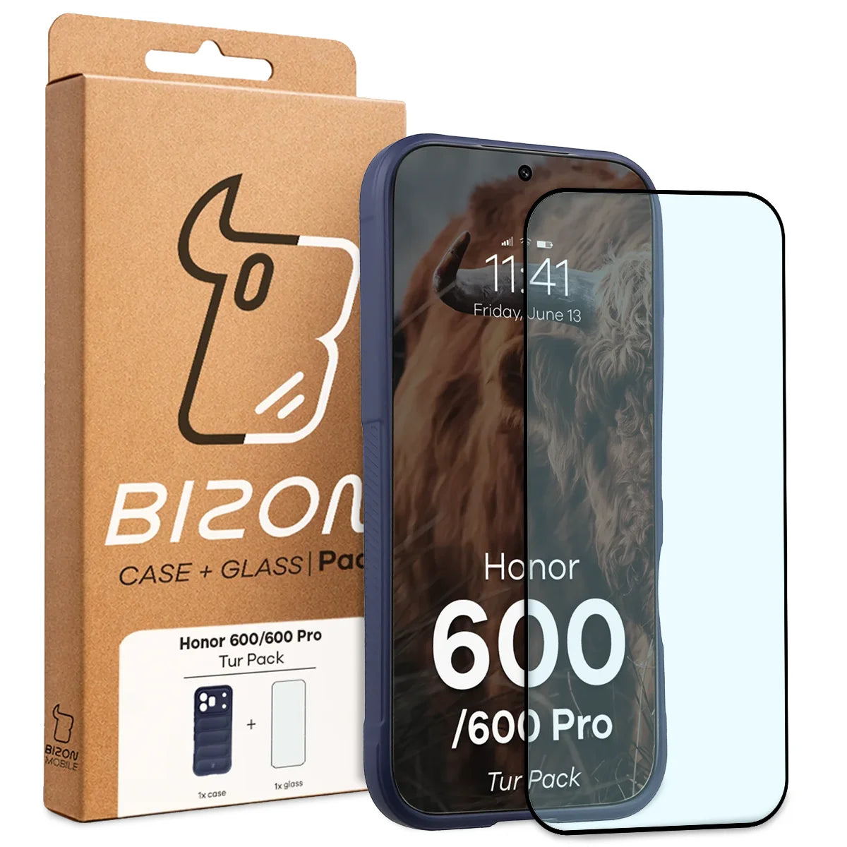 Robuste Handyhülle + gehärtetem Glas für Honor 600 5G / 600 Pro 5G, Bizon Tur Pack, Dunkelblau