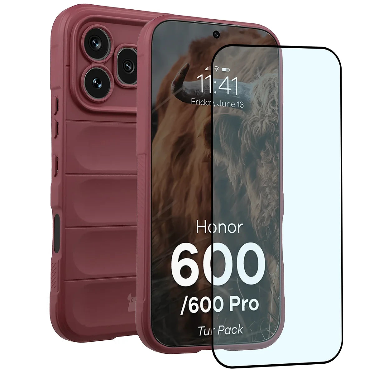 Robuste Handyhülle + gehärtetem Glas für Honor 600 5G / 600 Pro 5G, Bizon Tur Pack, Burgunderrot