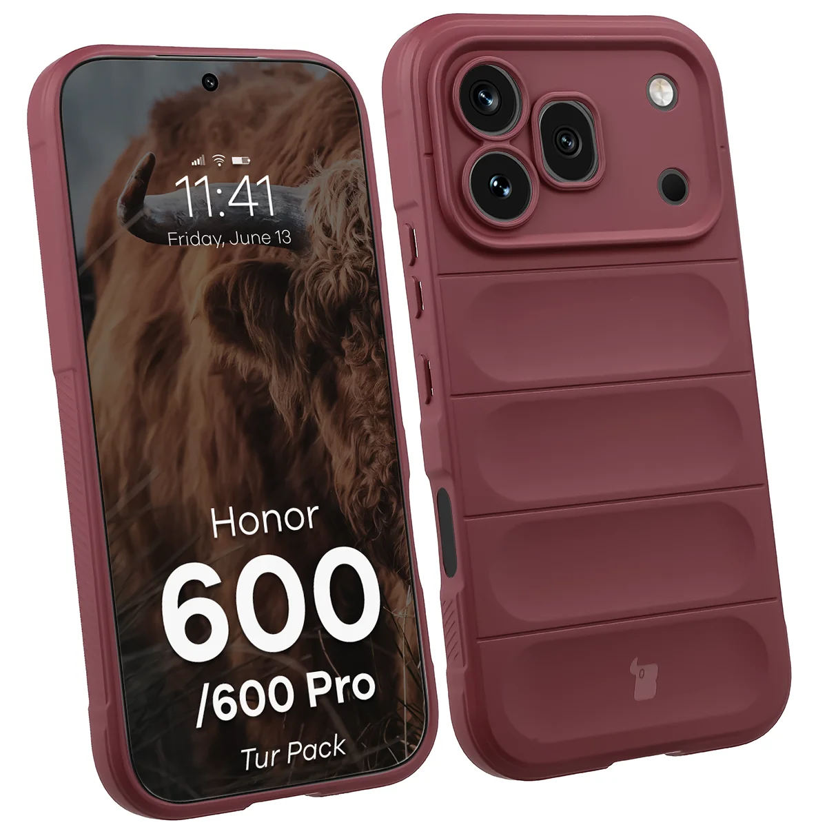 Robuste Handyhülle + gehärtetem Glas für Honor 600 5G / 600 Pro 5G, Bizon Tur Pack, Burgunderrot