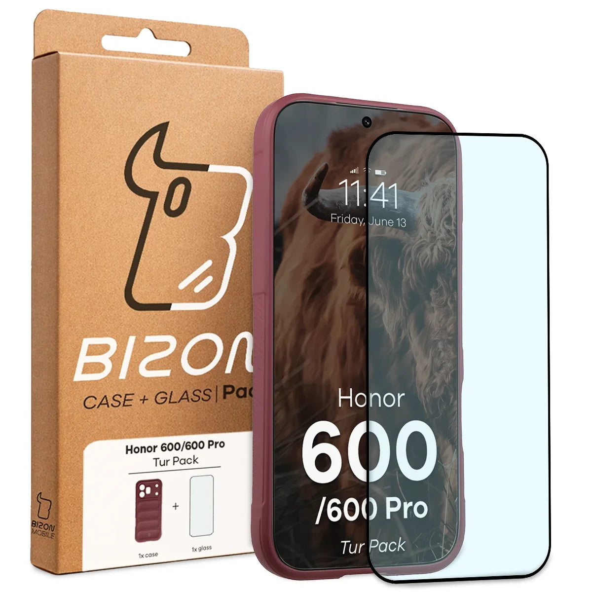 Robuste Handyhülle + gehärtetem Glas für Honor 600 5G / 600 Pro 5G, Bizon Tur Pack, Burgunderrot
